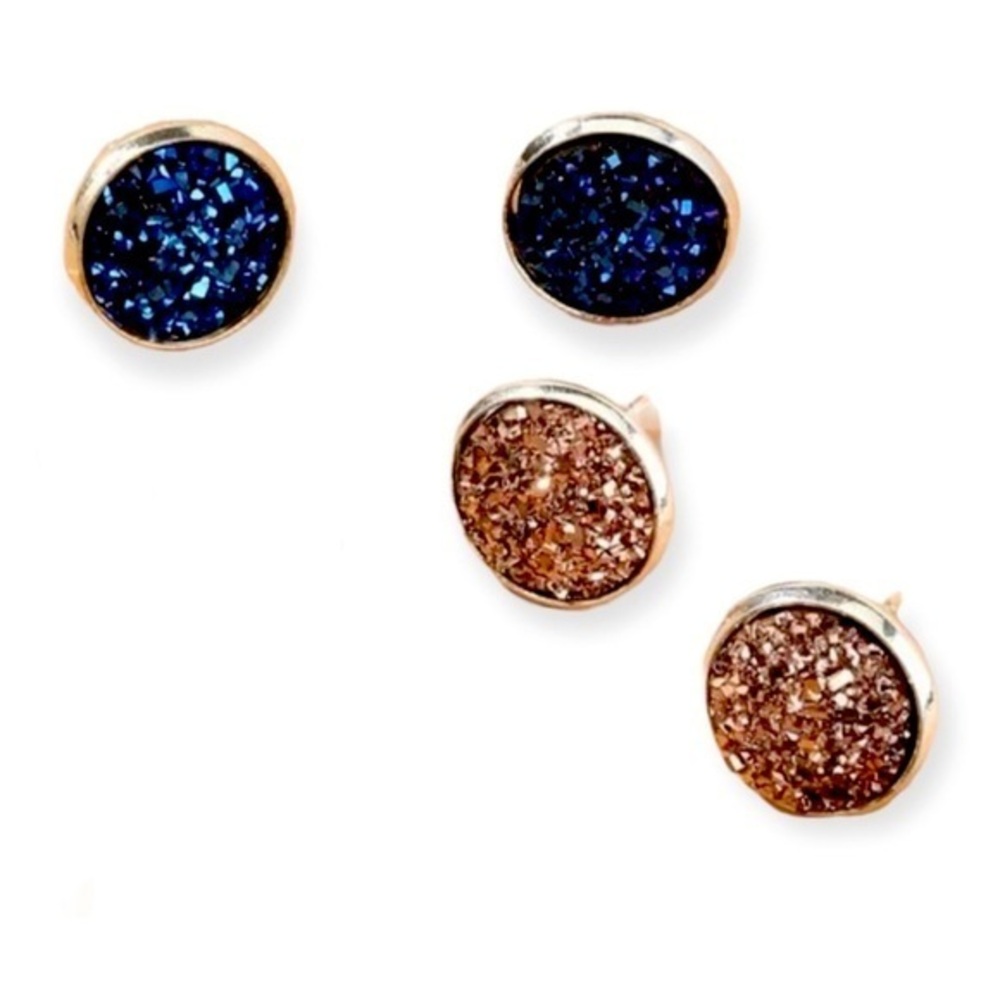 2 pairs bundle Druzy Studs navy midnight blue and bronze sparkle silver